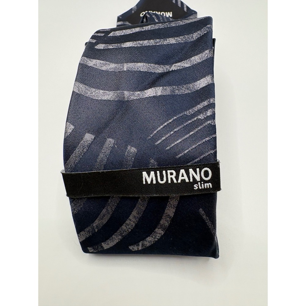 NWT Murano Slim Silk Tie Navy Blue Silver Grey Abstract Linear Hand-Tailored